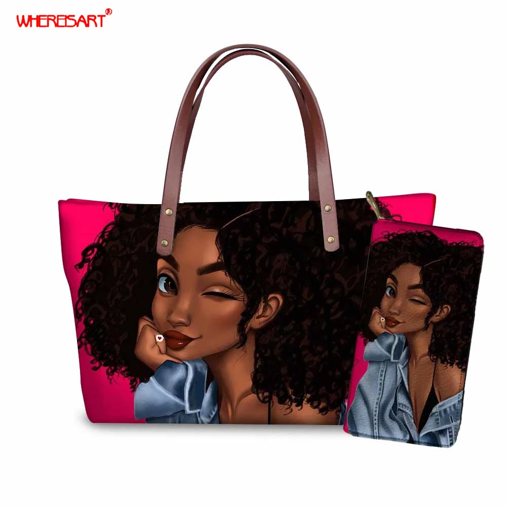 

WHEREISART Purses and Handbags Set Black Art African Girl Magic Women Handbag, PU Leather Large Purse for Ladies Hand Bags