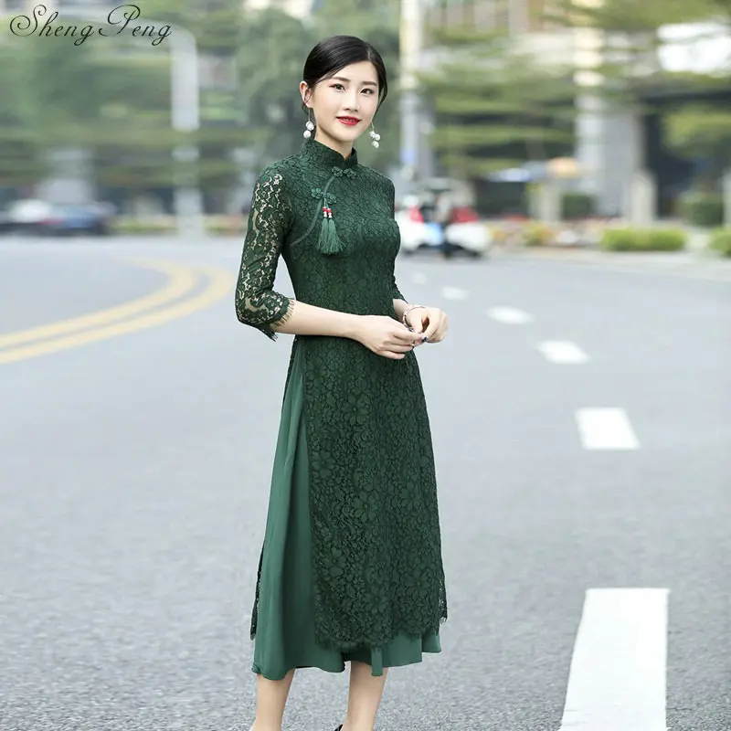 Традиционное элегантное Кружевное облегающее длинное платье Aodai из Вьетнама