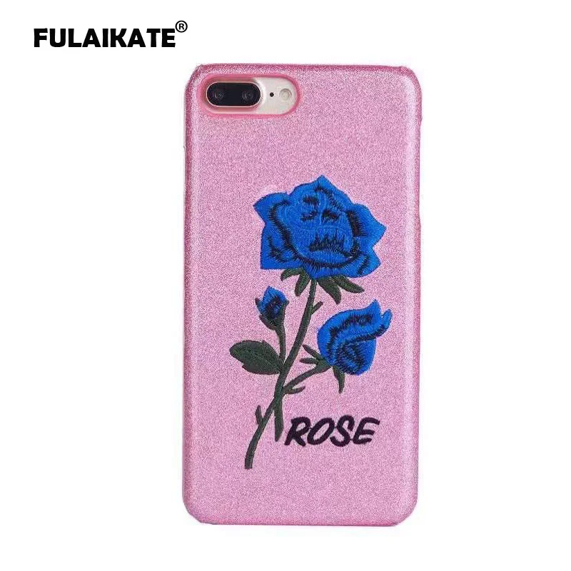 FULAIKATE Embroidery Rose Case for iPhone 7 Glitter Flower Hard Back Cover iPhone7 4.7&quot Phone Protective Funda Cases |