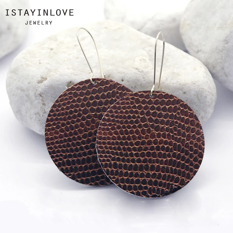 

ISTAYINLOVE JEWELRY Snake Photo Pattern Genuine Leather Dangle Earrings Silver Gold Ear Hooks Boho Round Die Cut LER13