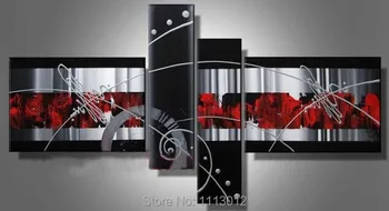 

High Quality 4 Panel Arts Set Modern Black Line Red Star Flower Oil Painting On Canvas Abstract Home Decor For Living Room Sale