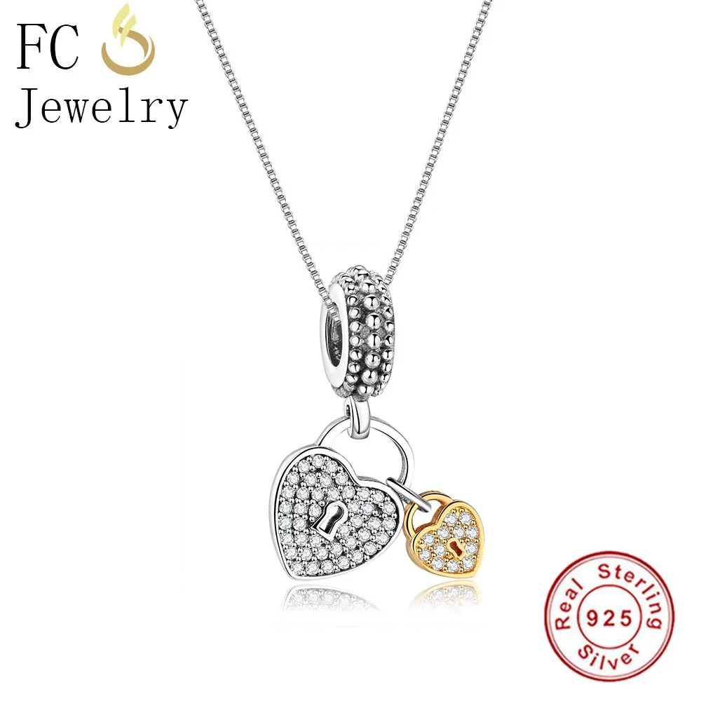 

FC Jewelry 925 Sterling Silver Gold Color Lock Heart Zirconia Crystal Pendant Necklaces Women Femme Chain Choker Trinket Collier