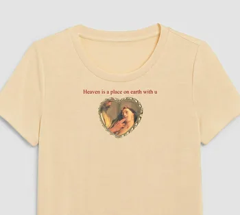 

Fashionshow-JF Heaven Is a Place on Earth with You Funny Letter Printed T Shirt Women Short Sleeve Cotton Tee Tops