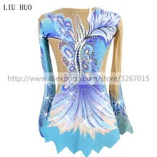 Женские трико для художественной гимнастики для девочек, костюм для выступлений, платье для художественной гимнастики, синий красивый принт, блестящие стразы