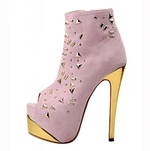 2016 frauen Schuhe High Heels Stiefeletten Schwarz Rosa Peep Toe Metall Dekoration Frau Stiefel Handgefertigte Schuhe Us-größe 4-15