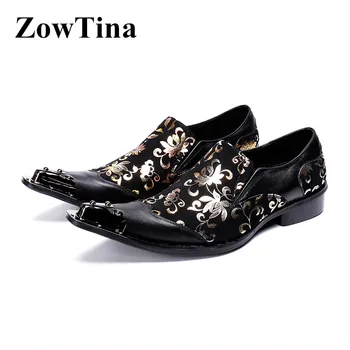 

Black Real Leather Men Formal Dress Shoes Slip On Printing Office Business Oxford Shoes Big Size 46 Wedding Shoes Vestidos