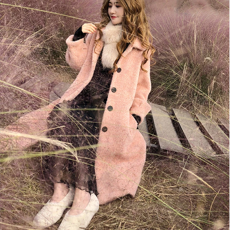 Hepburn Mink Fur Coat Pink Furry Jacket Long Fur Coat Mink Fur Plush Coat X-Long Single Breasted Pink Fur Jacket Streetwear