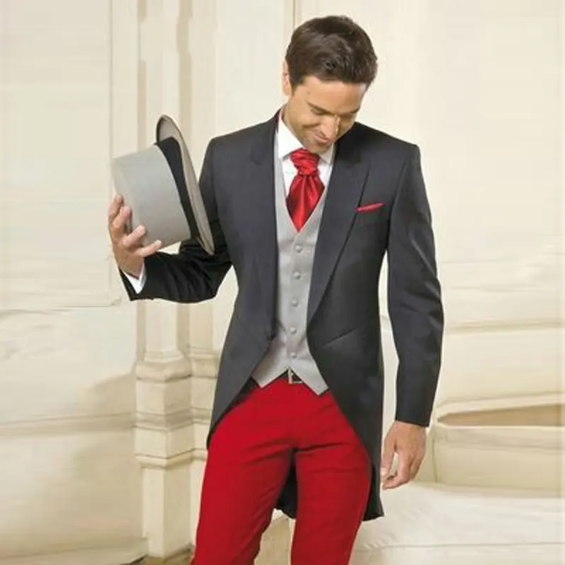 Italian Grey Tailcoat Long Jacket Morning Party Men Suits Red Pants Slim Fit Costume Homme 3 Pieces Terno Masculino Groom Tuxedo | Мужская