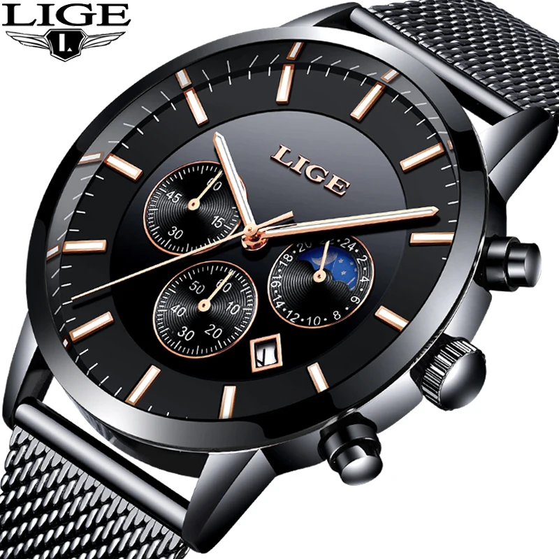 Watch Men New LIGE Mens Watches Top Brand Luxury Quartz Wristwatch Men Full Steel Grid Casual Strap Waterproof Sport Chronograph