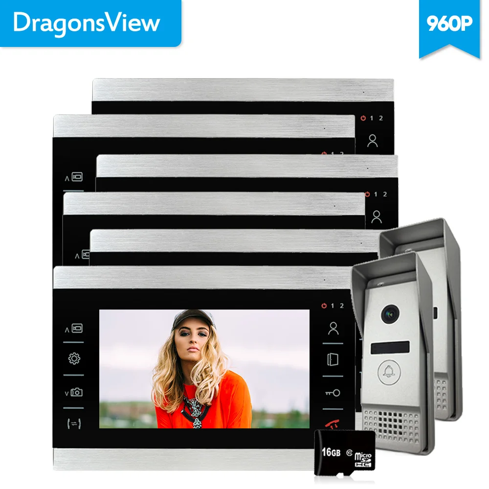 

Dragonsview Video Door Phone 6 Monitors 7 inch with 2 Intercom Doorbell 960P HD Wide Angle Motion Recording SD Card Waterproof