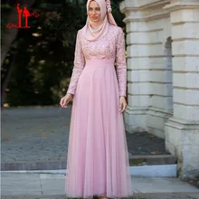 Long Sleeve Muslim Evening Dress 2017 Lace Dubai Moroccan Kaftan Hijab Evening Prom Dresses Women Dress Plus Size LY564