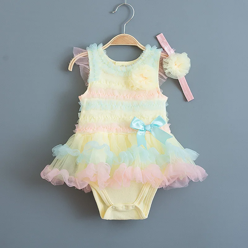 Baby Girl Romper Dress Ruffles Cake Dress Jumpsuit+Headband 2pcs Set