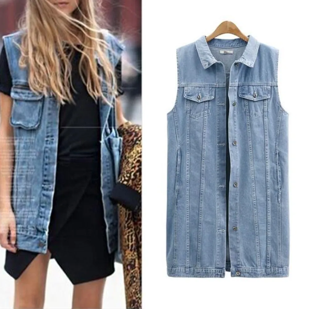 Hodisytian Mulheres Denim Colete Outono Retalhos Jaqueta Jeans Longo Casual Outerwear Cardigans Cabolsa Feminino Tamanho Grande