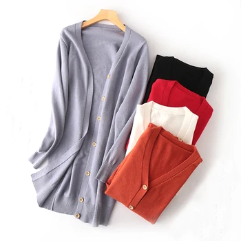 

Women Thin Knitted Cardigans Spring Autumn Casual V-Neck Sweater Cardigan Jacket Female Long Sleeve Midi Long Coat Tops AB1510
