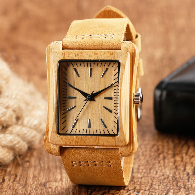 

100% Nature Wooden Watches for Men and Women Rectangle Dial Unique Minimalist Strap Novel Quartz Wristwatches Creative Clock