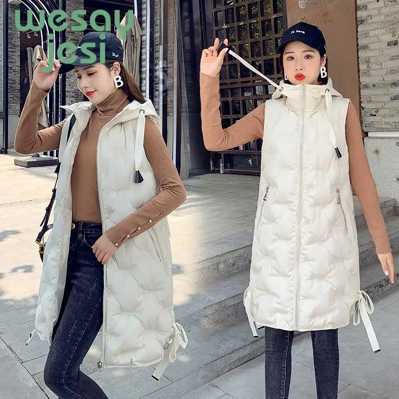 Women winter vest  Autumn Winter thick zipper warm waistcoat vest Casual solid long style hooded sleeveless vest coat plus size
