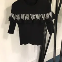 FOMOLAYIME черные футболки Высокая мода осень Бисероплетение кисточкой дизайнерские женские трикотажные футболки топы