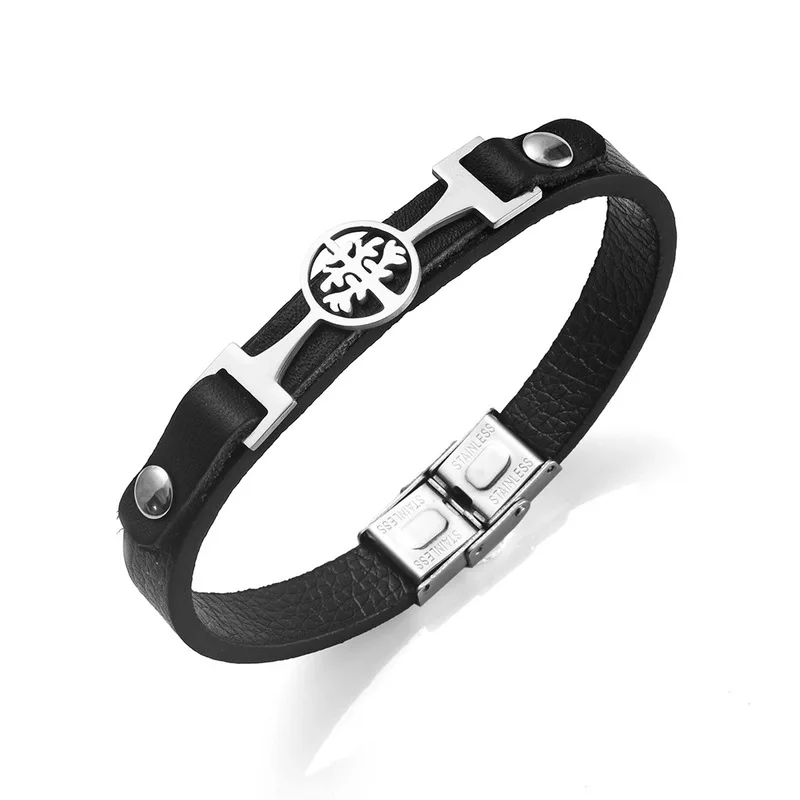 

Amgj Men Bracelet Tree of Life Black Genuine Leather Stainless Steel Silver Gold Color Bracelets Bangle Fashion Couple Jewelry