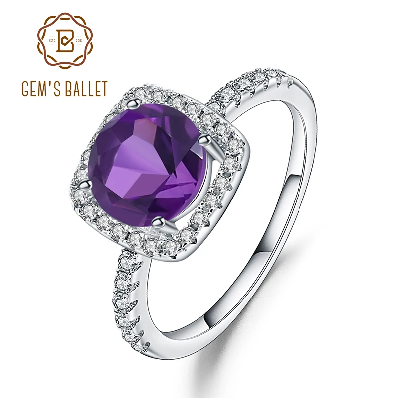 Gem's Ballet 925 Sterling Silver 2.57Ct Natural Round Stone Amethyst Rings For Women Wedding Square halo Ring Fine Jewelry | Украшения