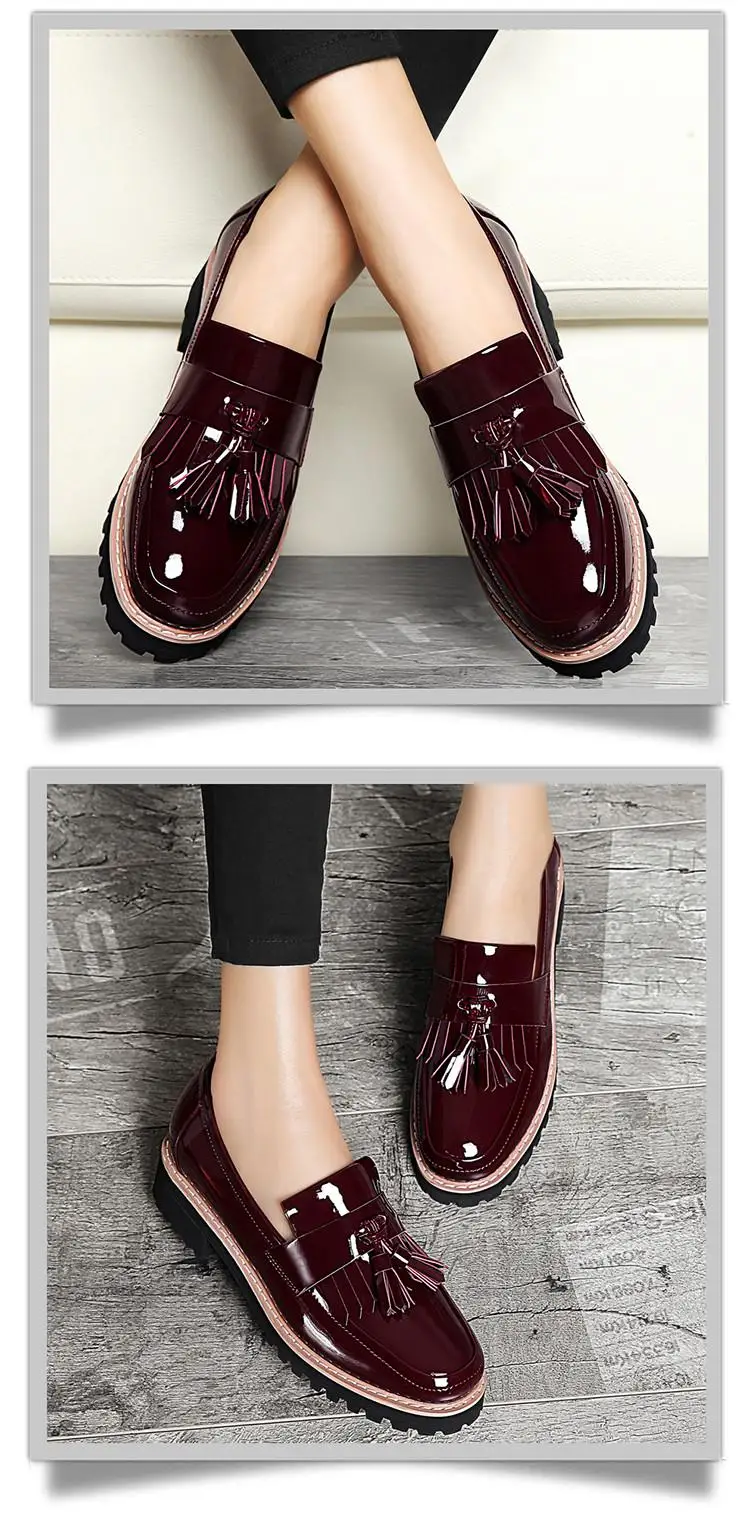Полированный зеркальной поверхности из искусственной кожи на платформе Туфли-оксфорды Мода кисточкой слипоны толстый каблук Женская обувь