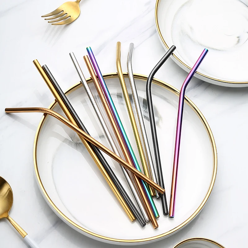 

10Pcs/lot Reusable Drinking Straw Colorful 304 Stainless Steel Metal Straw with Cleaner Straw Brush Party Bar Exqusite Accessory