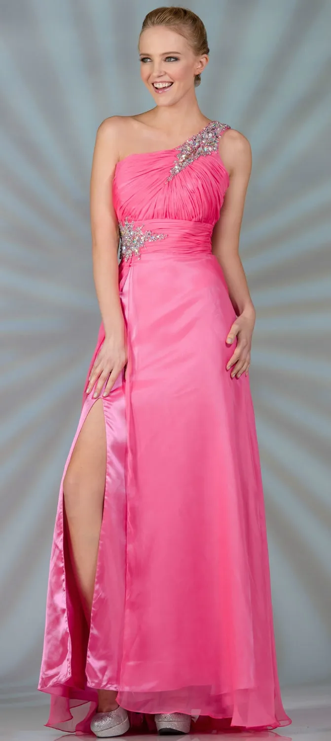 2014 Sexy stunning Chiffon One Shoulder Cinched Waist Slitted Skirt ...