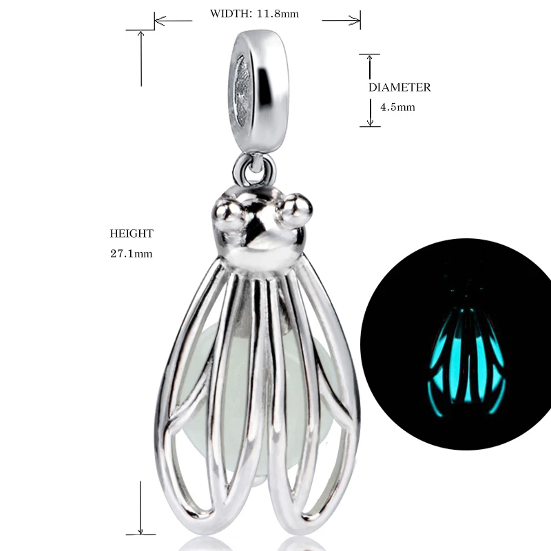 Strollgirl животных bat Firefly бабочка светящиеся шарики DIY прелести Fit Authentic Pandora Браслеты кулон изготовления ювелирных изделий подарки