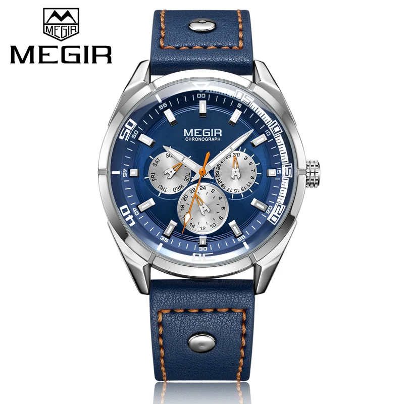Silver Blue MEGIR Топ люксовый бренд Мужские часы Мужские модные кварцевые часы мужские s простые деловые наручные часы Мужские часы Relogio Masculino - Цвет: Silver Blue