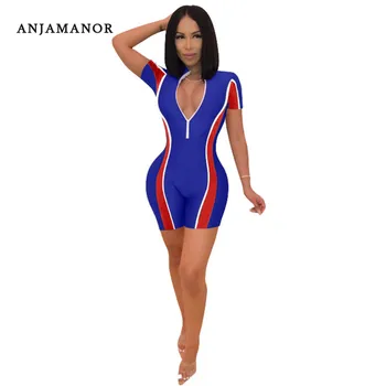 

ANJAMANOR 2019 Summer Front Zipper Color Block Bodycon Rompers Playsuits Women Sexy Clubwear Jumpsuit Short Street Style D53AB74