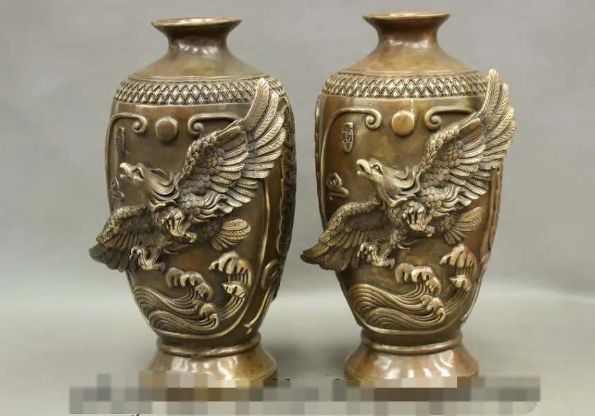

S7033 14 Chinese Bronze Copper Wealth Coin Fly Eagle Statue Great Wall Pot Vase Pair D0318