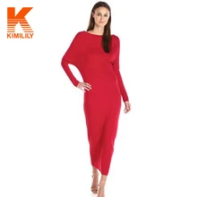 Fashion 2016 Autumn Long Basic Dress Slim Bodycon Women Elegant Batwing Sleeve Bottoming Maxi Bandage Dresses Black Red #A63154