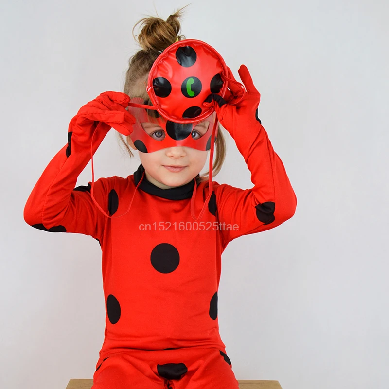 

2018 New Ladybug Cosplay Costumes 3 PCS Ladybug Jumpsuit Mask Bag for Kids and Adult Full Lycra Suit Lady Bug Kids Halloween