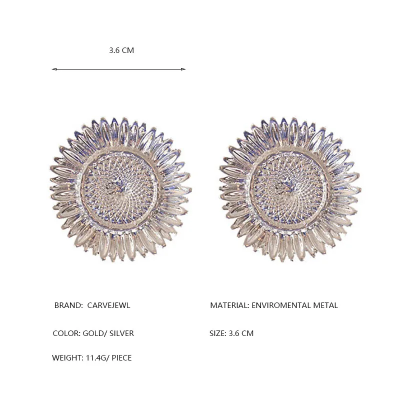 Carvejewl Гипербола большие серьги-гвоздики Подсолнух посеребрение простой металлический ветер Европейский серьги для женщин Девушка подарок ювелирные изделия