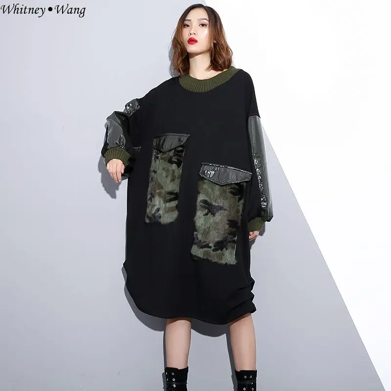 Whitney 2788 Automne Pu Noir Mode Robe Oversize Patchwork Femmes Ww 2018 D'hiver Streetwear Hiver Casual Wang 6rEHqx6