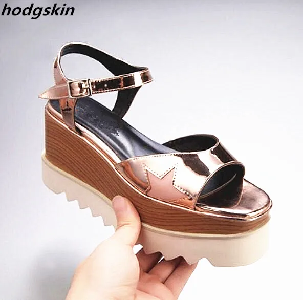 

Zapatillas Star Metallic Leather High Platform Wedges Women Sandals Square Toe Comfort Creepe Weave Flats Shoes Woman