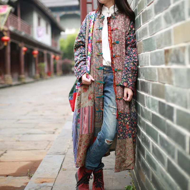 Goedkoop 2020 Lente Winterjas Losse Vintage Toevallige Geul Lange Windjack Katoen Linnen Patchwork Overjas Dikke Katoen Gewatteerde Parka