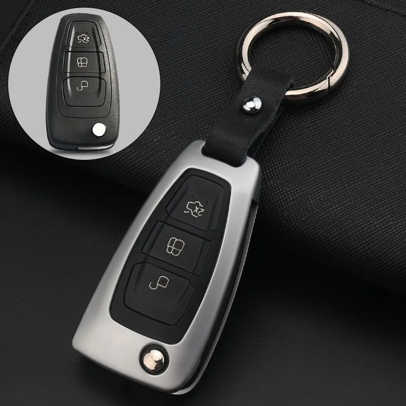 

Zinc Alloy +Leather wallet remote Key Cover Case fob shell For Ford Focus 3 MK3 ST RS Ecosport kuga Escape fiesta flip keychain