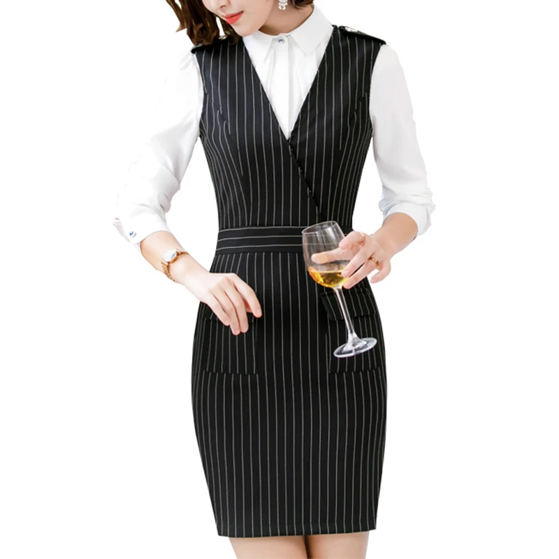 

2019 Ladies Elegant Long Sleeve Blazer Strip Dress Pencil Women Formal Dresses Shirt Suit Set for Work Tunic Office Lady