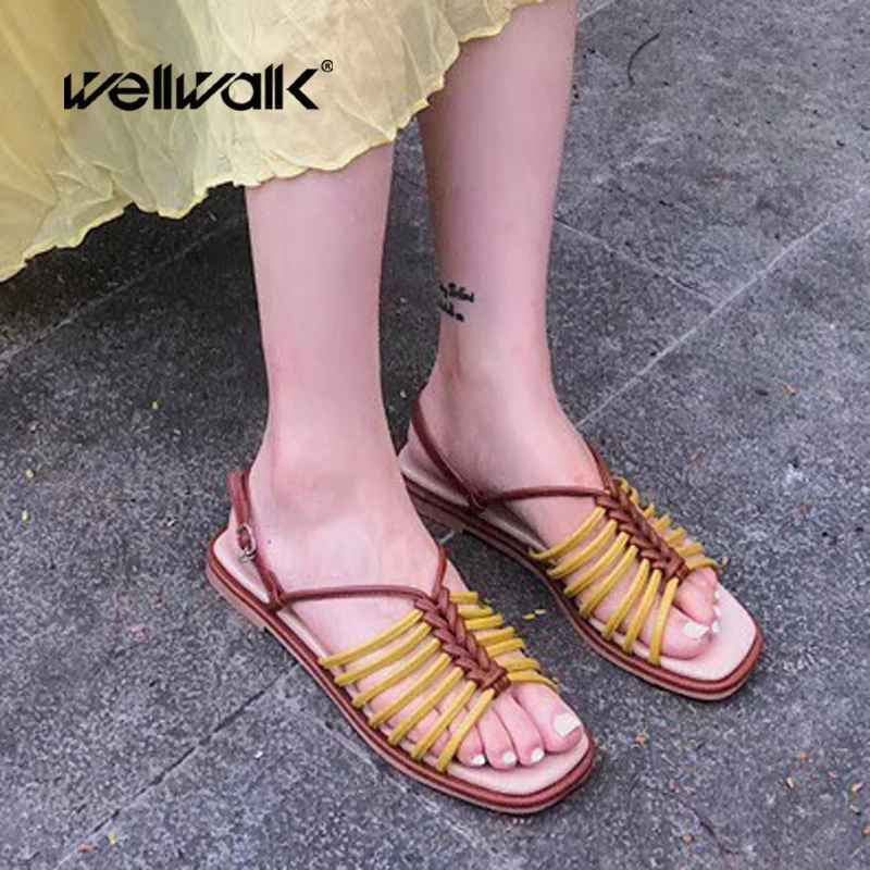

Wellwalk Handmade Strips Sandals Women Flat Ankle Strap Mixed Color Ladies Summer Breathable Casual Shoes Female Sandalias