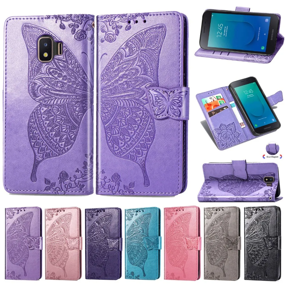 Кожаный чехол-книжка для Samsung Galaxy J2 Core Cover Butterfly Flower Capa On For samsung galaxy J260F
