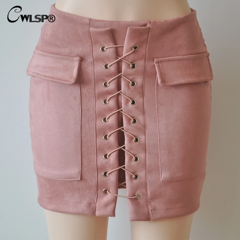 Top Fashion Brand Autumn High Waist Vintage Skirts Womens Chic Lace Up Suede Leather Skirts Winter Casual Pocket Saia QZ1707