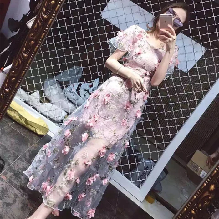 Элегантное розовое цветочное Сетчатое платье с вышивкой Женские винтажные прозрачные вечерние платья для подиума великолепные прозрачные платья