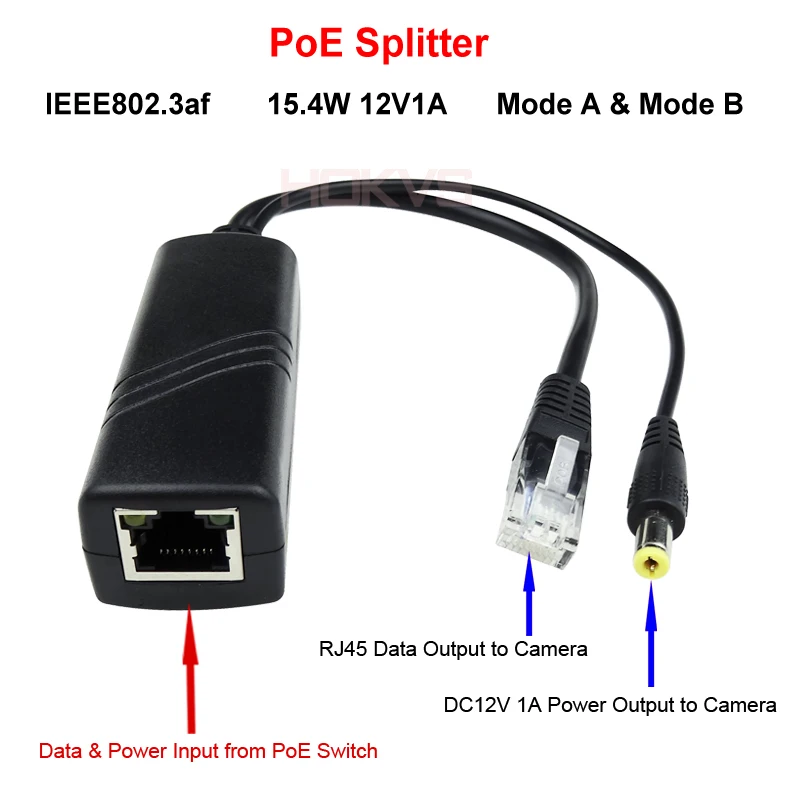 Hokvs 10/100 м PoE Splitter 15.4 Вт с IEEE 802.3af Стандартный и 12 В 1A Выход DC 48-57 Входная мощность