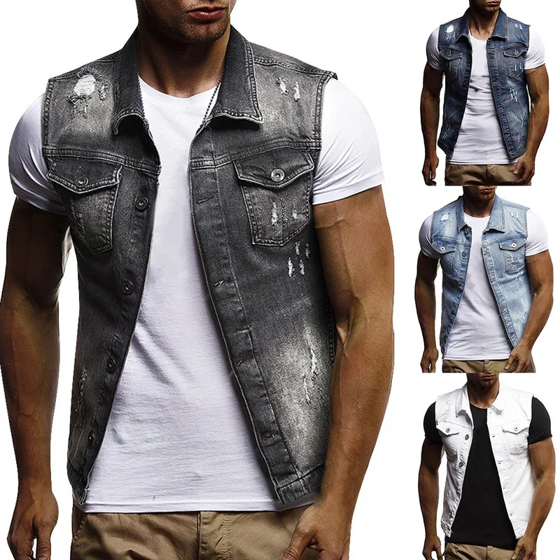 HEFLASHOR мужской Летний джинсовый жилет короткие без рукавов тертые с дырками ковбойские хип хоп рваные уличные топы на бретелях мужские джинсовые жилеты