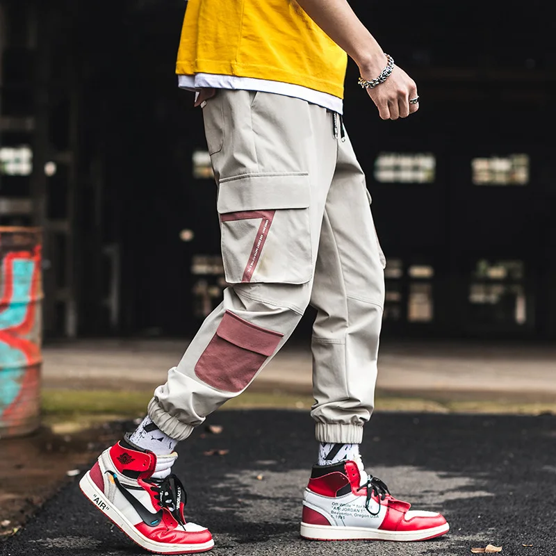 

Men Streetwear Belt Cargo Pants Color Block 2019 Hip Hop Overalls Mens Fashions Sweatpants Baggy Joggers Pants Casual