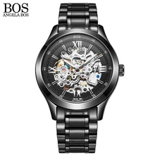ANGELA BOS Skeleton Automatic Watch Mens Mechanical Black Stainless Steel Waterproof Luxury Watch Men Famous Brand Wristwatch