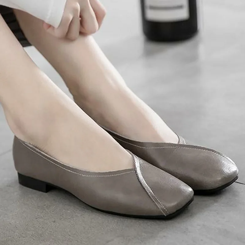 

Genuine leather flats shoes women Large size 4.5-10.5 Square toe Boat shoes for woman Shallow Soft Casual Ladies shoes