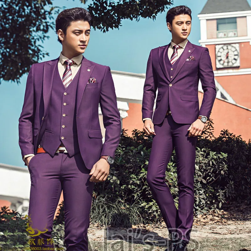 Замечательный жених мужские свадебные Выпускной костюм Фиолетовый Slim Fit смокинг мужской формальный деловой рабочие костюмы комплекты из 3 предметов(куртка+ брюки+ жилет