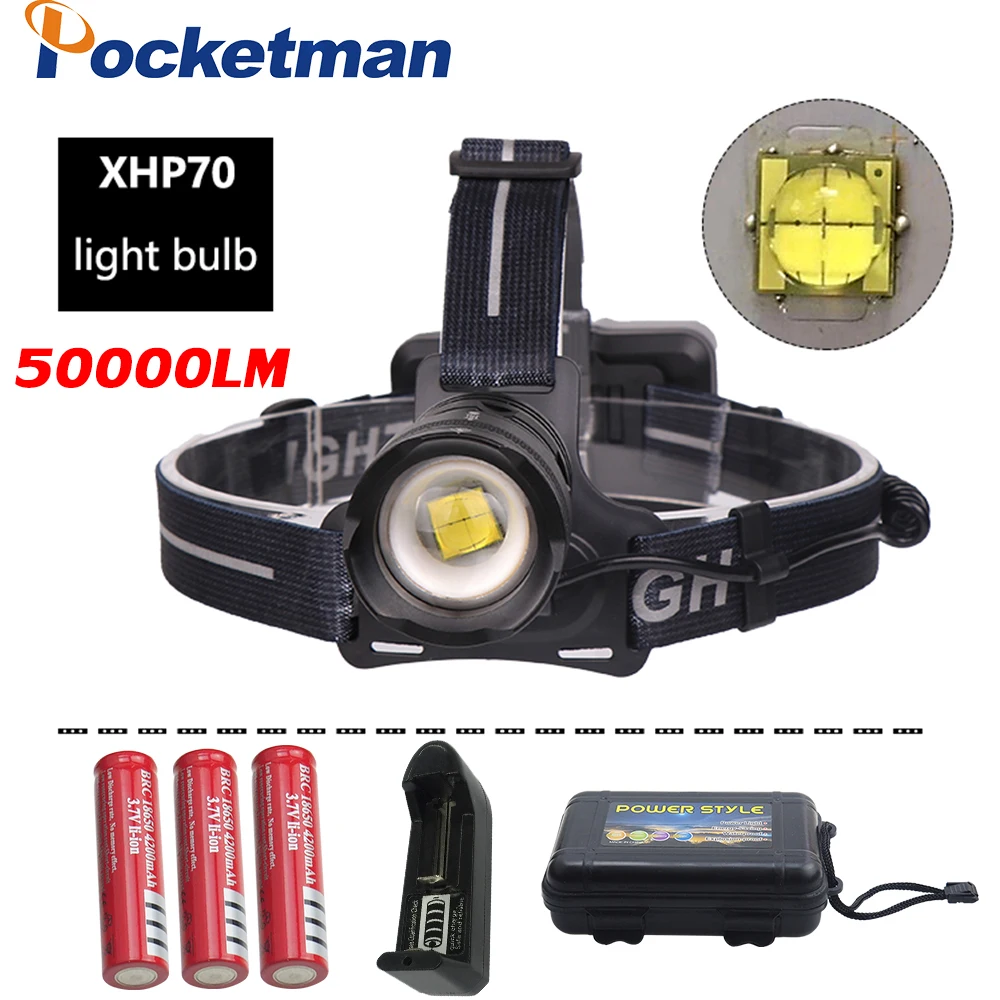 

50000LM XHP70 Strong LED headlight Micro USB charging Support power output Telescopic zoom light with 18650 battery
