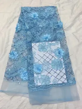 

2019 New style French net lace fabric 3D flower African tulle mesh lace fabric high quality sky blue sequin nigerian lace fabric